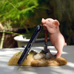 Sculptures Cute Piggy Phone Stand Penholder Mobile Phone Holder for iPhone iPad Resin Pig Figurine Phone Accessories for Home Decoration