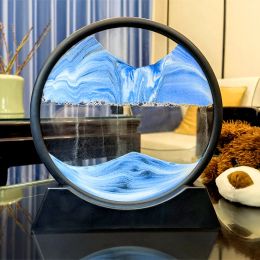 Brushes 7/12inch Moving Sand Art Picture Round Glass 3d Hourglass Deep Sea Sandscape in Motion Display Flowing Sand Frame for Home Decor