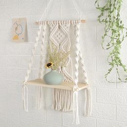Tapestries Hand-Woven Tapestry Rack Shelf Wall Hanging Cotton Rope Bohemian Macrame Storage Wooden Decorative Ornaments