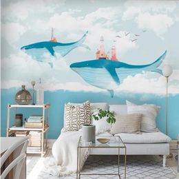 Wallpapers Milofi Custom Large Wallpaper Mural 3D Creative Hand Painted Sky White Cloud Whale Background