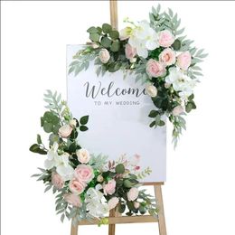2pcs Artificial Flowers Wedding Backdrop Wreath Decor Welcome Card Sign Corner Wall Props Arrange Arch Fake Flower Row 240322