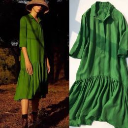 British retro oil painting green V-neck women's dress stunning and eye-catching emerald copper spandex loose dress