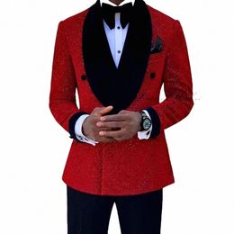 shiny Men's Suit 2 Piece Groom Tuxedo Double Breasted Blazer Black Veet Collar Jacket 2024 Elegant Men's Suit 72bD#