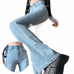 retro Blue Elastic Jeans Women's High Waist Show Flare Pants New Arrival Desnim Wide Leg Slim Fit U6Gy#