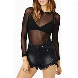 Women's T Shirts 2024 Spring Summer Womens Long Sleeve Sexy Black Mesh Top Transparent Punk Club Streetwear Tees Beach Tops