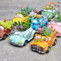 Planters Creative Retro Cartoon Cars Cement Flower Pot Breathable Green Plant Succulents Flowerpot Decorative Planters Desktop Ornament