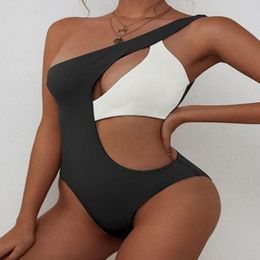 ZAFUL Women's One Shoulder Ribbed Bikini Colorblock Cutout One-Piece Swimsuit Swimwear