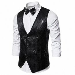 men's Vest V-neck Sequins Gowns Sleevel Coats with Bow Tie Simple Slim Fit Suit Vest for Parties Performances Clothing M2zd#