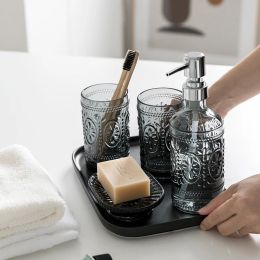 Sets Nordic Bathroom Brush Cup Glass Soap Bathroom FivePiece Holder Press Lotion Dispenser Container Bathroom Accessories Toiletries