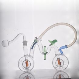 Unique Bicycle Shape Glass Oil Burner Bongs Hookahs Coloured Double Matrix Perc Honeycomb Water Pipe Dab Rigs with 10mm Male Glass Oil Burner Pipe and Hose