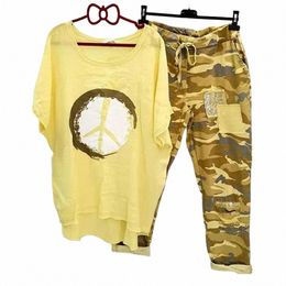 2pcs/set Women Blouse Pants Camoue Printed T-shirt Pants Set Drawstring Asymmetrical Summer Outfit Streetwear For Daily Wear u2Yj#