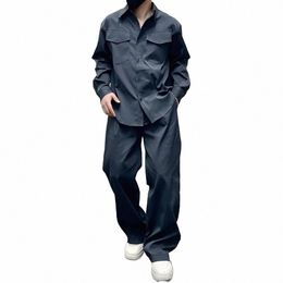 mens Casual Shirt Wide-Leg Pants Suit 2024 New Genderl Fi Trend Vacati Solid Colour Loose Simple Two-Piece Set Unisex F0xw#