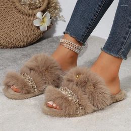 Slippers Cow Suede Winter 2024 High Quality Low Heel Ladies Shoes Flat With Adult Solid Bling Sexy Women's Zapatillas