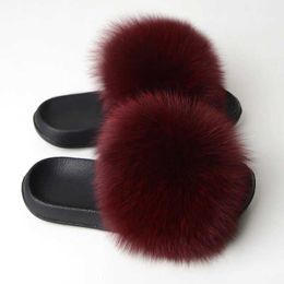 Slippers Real fox fur slider and fluffy indoor womens flip beach shoes summer sandals free shipping H240328DT5Y