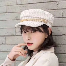 Small Fragrant Wind Chain Navy Women's Autumn/winter Korean Edition Trendy Flat Top Internet Red Beret British Octagonal Hat