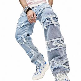 2023 Fall New Streetwear Mens Denim Pants Fi Ripped Patchwork Straight Jeans Men Y2K Style Vintage Pure Colour Jean Pant p37P#
