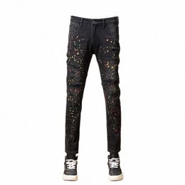 street Fi Men Jeans Retro Black Grey Stretch Skinny Fit Ripped Jeans Men Painted Designer Hip Hop Denim Pencil Pants Hombre t8Uc#