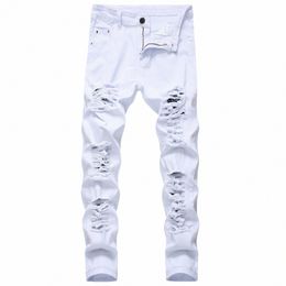 new Arrival Men's Cott Ripped Hole Jeans Casual Slim Skinny White Jeans Men Trousers Fi Stretch Hip Hop Denim Pants Male v5W5#