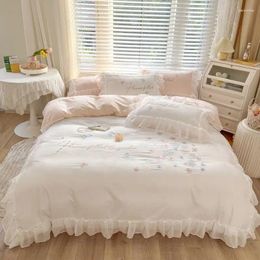 Bedding Sets Chiffon Lace Set Beige European Butterfly Flower Embroidery Ruffles Duvet Cover Bed Sheet Pillowcases Home Textile