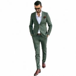 skinny Men Suits Green Full Set Single Breated Peaked Lapel Skinny 2 Piece Jacket Pants Chic Blazer Office Male Clothing Tailor K4Ug#