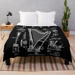 Blankets Harp Vintage Patent Harpist Drawing Print Throw Blanket Nap Extra Large Decorative