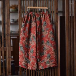 Women's Pants 24Women Linen Spring Summer Indie Folk Style Print Bilayer Vintage Elastic High Waist Female Tide Wide Leg Wild