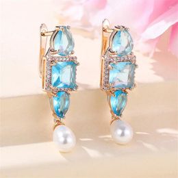 Hoop Earrings Mothers Day Aqua Blue Stone Luxury Simulated Pearl For Women U Shaped Beads Ear Buckle Zircon Party Jewellery Gifts