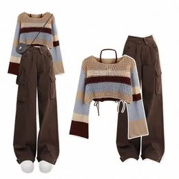 2023 Spring Autumn Sweater Halter Sling Cargo Pants 1 or 3 Piece Set Women Casaul Multi Stripe Knit Tops Vest Trousers Outfits l0bZ#