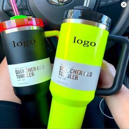 New Neon Yellow Pink Orange Green With 1:1 Logo Quencher H2.0 40oz Stainless Steel Tumblers Cups with handle Lid And Straw Car mugs Water Bottles DHL Ship 0328