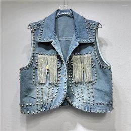 Women's Vests Heavy Work Diamonds Tassels Denim Vest Women Slim Short Cowboy Waistcoat Korean Vintage Blue Sleeveless Jeans Jacket Coat