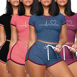 Personality Womens Tracksuit Summer Short Sleeve Tshirts and Shorts Suit Casual Slim O Neck Cropped Tops Pajamas for Women 240328