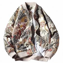 japan Style Mens Floral & Crane Embroidery Bomber Jacket Stand Collar Men Streetwear College Baseball Jackets Autumn Coat U0zU#