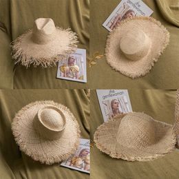 Handmade Big Brim Hat Oversized Tassel Burrs Women Men Straw Sun Hats Natural Raffia Panama Beach Summer 240326