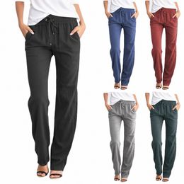 women Pants Spring Summer Ankle Length Casual Straight Pencil Solid Elastic Waist Girls Pants Thin Cott Linen Trousers w18f#