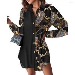 Casual Dresses Women Long Sleeve Dress Stylish Asymmetric Hem Women's Mini With Printed Patchwork Design Turn-down Collar Soft For Ladies