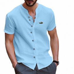 Polo da uomo di alta qualità Primavera ed Estate Retro Cott Lino Ricamo CARTELO Camicia a maniche corte aderente casual allentata J3Ze #