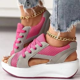 Comfy Platform Mesh Shoes Woman Summer Open Toe Cut Out Net Sneakers Ladies Casual Thick Sole Lace Up Sport Sandals Plus Size 240320