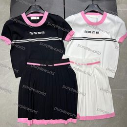 Embroidered Two Piece Dress For Women Knitted Letter Short Sleeve Pleated Skirt Set Letter Vacation Women Wear
