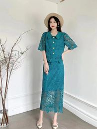 Work Dresses Spring Summer Women High Quality Elegant Lace Skirt Suits Fashion Half Sleeve Shirt And Waist Long Two Piece Set