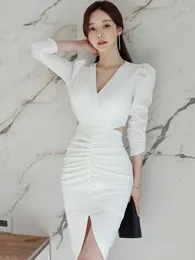 Casual Dresses Korean Fashion Spring Ladies White Irregular Women Clothes Elegant Sexy Hollow V-Neck Slim Folds Dress Mujer Vestido