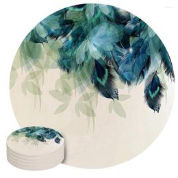 Table Mats Coasters For Drinks Absorbing Round With Cork Base Peacock Feather Teal Floral Green Leaf Coffee