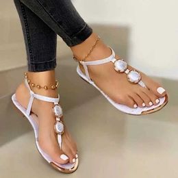 Sandals 2022 New Summer Womens Fashion Leisure Beach Outdoor Flip Metal Decoration Flat Shoes Large Size 35-43 H240328