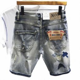 men Grey Denim Shorts Holes Jeans Elastic Casual Shorts High Quality Male Stretch Cott Denim Jeans Shorts Knee Length Jeans Q1hG#