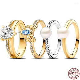 Cluster Rings Classic 925 Sterling Silver Light Luxury Gold Colour Heart-shaped Pearl Pumpkin Carriage Ring Exquisite Charm Jewellery Gift