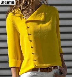 fashion button irregular oblique collar longsleeved blouse shirt female black green yellow 240328