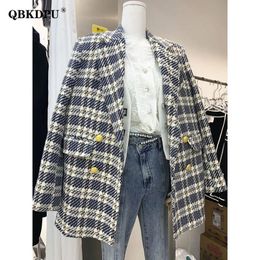 Korean Fashion Plaid Tweed Blazers Women Fall Vintage Double Breasted Quilted Cotton Suit Jacket Elegant Lady Chic Coat 240325