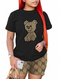 lw Geometric Bear Print Shorts Set O Neck Short Sleeve Basic T-shirt+Mixed Print Hipster Bottoms Two Pieces Women/Men 2PCs B92e#