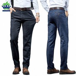 autumn Winter Men's Stretch Slim Fit Jeans Busin Thick Casual Office Classic Fi Black Blue Straight Denim Trousers Male k3Pv#