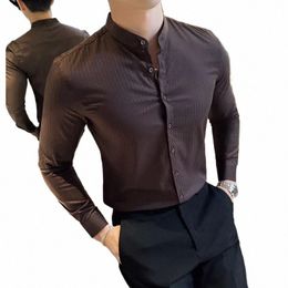 high Quality Striped Shirt for Men Lg Sleeve Stand Collar Shirts Casual Busin Social Office Dr Shirt Men Clothing 2023 17Xu#