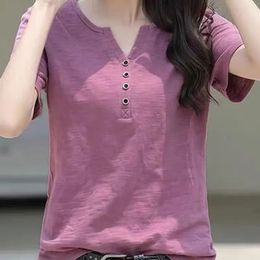 Womens Clothing Vneck Button Tshirt Spring Summer Loose Large Cotton Fashion Vintage Short Sleeve Elegant Solid Casual Tops 240328